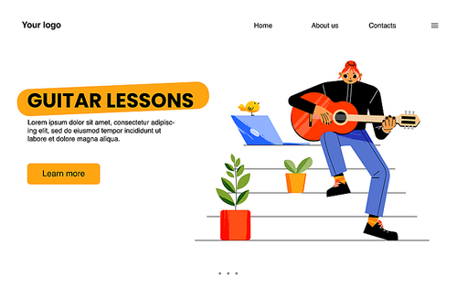 Guitar lessons landing page. Online education, hobby, learning, training play instruments. Young woman sitting home with laptop watching video and playing music Cartoon flat vector line art web banner