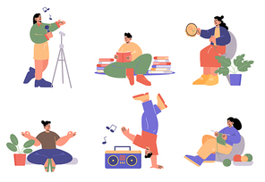 Set of people hobbies, relax, creative occupation and recreation at home. Men and women singing, reading books, embroider, meditate, dancing and knitting, Isolated line art flat vector illustration