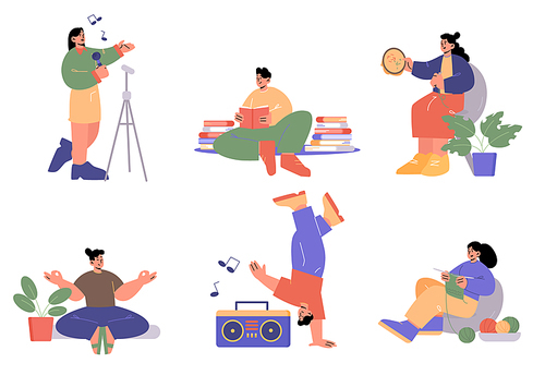 Set of people hobbies, relax, creative occupation and recreation at home. Men and women singing, reading books, embroider, meditate, dancing and knitting, Isolated line art flat vector illustration