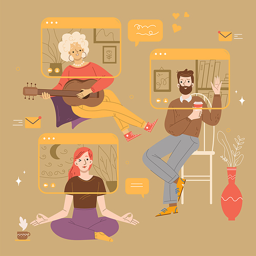 People video chat, virtual online conference, computer screens with characters meditate, playing guitar, drink coffee. Friends distant communication, quarantine Linear cartoon flat vector illustration