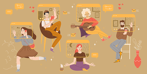 Online video conference with family or team. Vector flat illustration of virtual chat, internet call with people on screens. Grandma play on guitar, woman do yoga, girl walk with phone, man read book