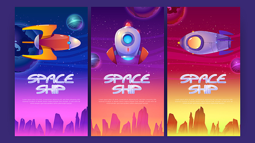 Spaceship posters with rockets flying above alien planet surface. Vector banners of spacecrafts with cartoon illustration of galaxy background with stars, planets and shuttles
