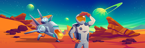 Astronaut and spaceship on Mars surface. Vector cartoon illustration of cosmonaut in helmet and suit explore outer space, standing on alien planet landscape with mountains and shuttle