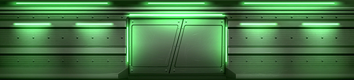 Futuristic interior with metal doors in spaceship, secret laboratory or bunker. Vector realistic background of lab or shuttle hall with closed steel sliding gates and green lamps