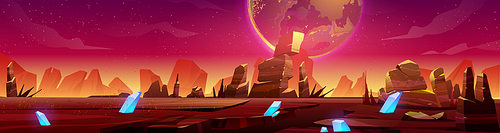 Mars landscape, alien planet sunset background, red desert surface with mountains, blue cristals and stars shine on pink sky. Martian space ground, scenery game backdrop, cartoon vector illustration