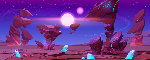 Fantasy alien planet landscape, space game background with dessert cracked ground surface with blue cristals and red rock, flying stone and cosmic dust, glowing star in sky cartoon vector illustration