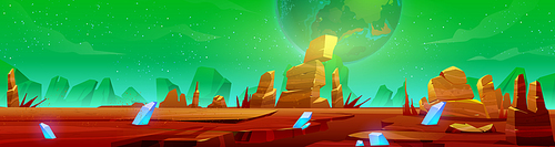 Mars landscape, alien planet background, red desert surface with mountains, blue cristals and stars shine on green sky. Martian ground surface, scenery game backdrop, cartoon vector illustration