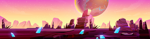 Mars landscape, alien planet background, purple desert surface with mountains, blue cristals and stars shine on pink sky. Martian ground surface, scenery game backdrop, cartoon vector illustration