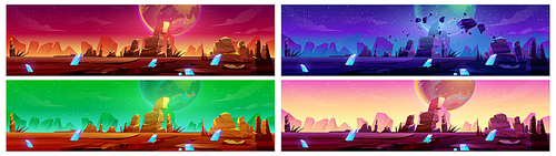 Alien planet landscape day, night, morning and evening time set. Cosmic land with rocks and crystals panoramic extraterrestrial cartoon backgrounds for game, wallpaper, backdrop, Vector illustration