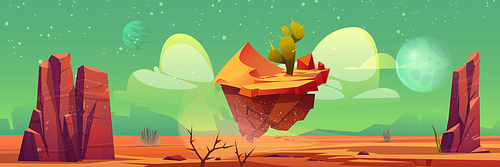 Alien planet desert landscape, cartoon panoramic background, deserted land with mountains, flying rock, cactus and plants under green sky with stars and satellites. game backdrop, Vector illustration