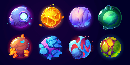 Fantasy alien planets for ui space game. Vector cartoon icons set of magic fantastic world, cosmic objects different colors with bubbles, cracks and rocks. Cute planets and moons collection