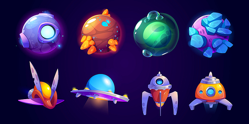 Alien spaceship, fantasy planets game icons vector set. Funny rockets, ufo shuttles cartoon collection illustrations isolated on white . Cute cosmic objects, computer game graphic elements