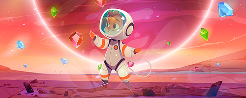 Cute astronaut collect bonus crystals on alien planet in space. Baby cosmonaut flying in weightlessness catch glowing gems on extraterrestrial landscape with cracked ground, Cartoon vector illustration