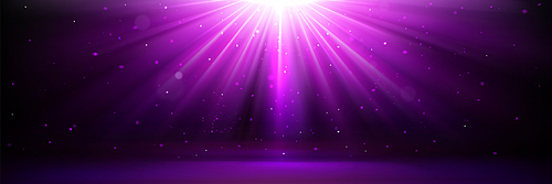 Magic background with purple light rays effect. Vector realistic illustration of star burst, disco spotlights with blurred beams, illumination of show in night club