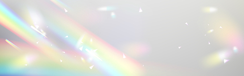 Overlay rainbow flare effect, lens glare and sunlight rays. Vector realistic illustration with spectrum light and shadows. Abstract background with refraction beams and blurred sparkles