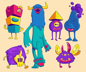 Cute monsters in trendy contemporary art style. Vector cartoon set of funny comic creatures, alien furry animals with teeth, horns, feathers and pyramid on head