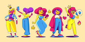 girl .gers, popular fashion and beauty influencers in contemporary art style. vector comic female characters, pretty fame women with phones, social media queen with crown