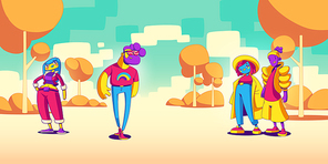 Diverse people in city park. Funny male and female characters posing. Young couple, lgbt person, happy men and women personages in fashioned trendy clothes on street, Line art vector illustration