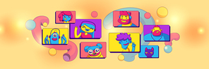 Characters video conference, cartoon people, animals and fantasy personages virtual online chat. Computer screens with friends communicate distantly. Internet meeting, Linear vector illustration