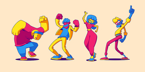People dance and have fun on party. Vector set illustration in contemporary cartoon style with funny male and female characters, happy persons celebrating holiday together and dancing