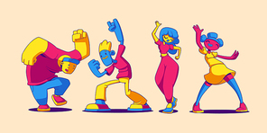 People dance and have fun on party. Vector set illustration in contemporary cartoon style with funny male and female characters, happy persons celebrating holiday together and dancing