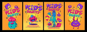 Kids party posters with cute monsters in contemporary art style. Vector banners of event for children with funny comic alien creatures on orange background