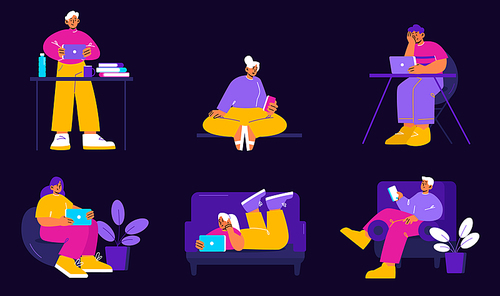 People using mobile phone, tablet and laptop in different poses. Vector flat illustration with happy characters with digital gadgets sitting on chair, at table and lying on sofa