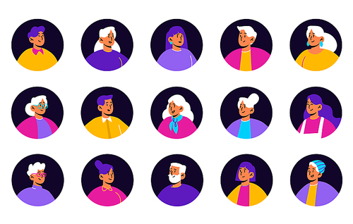 People avatars for social media or profile in app. Vector of flat portraits of men and women characters with different hairstyles, glasses and beard in black circle frames