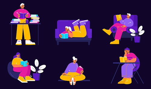 People reading books at home, club or library. Happy male and female characters weekend sparetime, relaxing, students read literature, education, prepare for exams, line art flat vector illustration