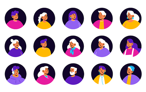 Set of people avatars, isolated round icons with faces of young and senior male and female characters. Diverse men, women and teenager portraits for social media user profiles, line art flat vector