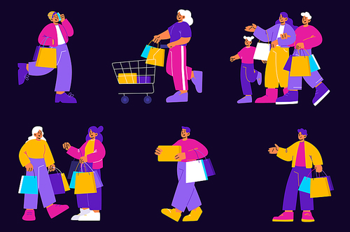 Set of people in shopping mall or boutique, visitors with trolley and paper bags buying purchases in shop. Men, women and kids customers characters purchasing in market store, Line art flat vector