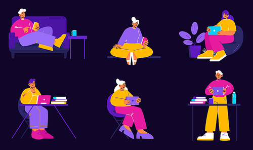 Set of people with gadgets at home and office. Men and women with smartphones, tablets and laptops work, call, messaging, chatting, texting, reading newsfeed, Line art flat flat vector illustration