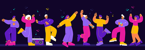 Happy people celebrate party in night club. Business team corporate holiday, birthday, friends on disco dance. Cheerful men and women group rejoice on festive event, Line art flat vector illustration