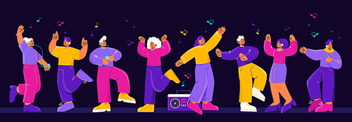 Dance party banner with group of happy people and music from boombox and players. Vector night flat illustration with excited girls and men dancers