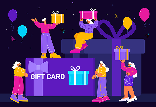Gift card, customers care and loyalty program concept. Tiny buyers at huge wrapped gift box getting present from store. Consumerism, special offer for clients, sale, Line art flat vector illustration