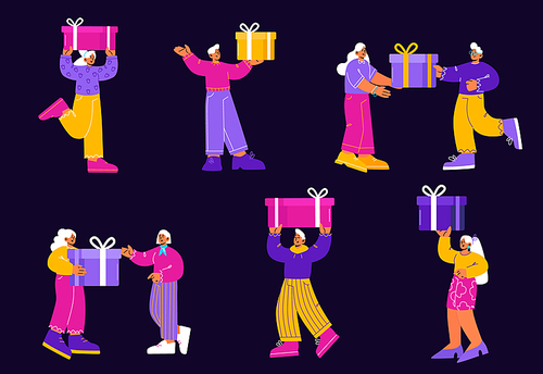 Happy people with gift boxes isolated set. Joyful male and female characters prepare presents for family and friends on boxing day, holidays or birthday celebration, Line art flat vector illustration