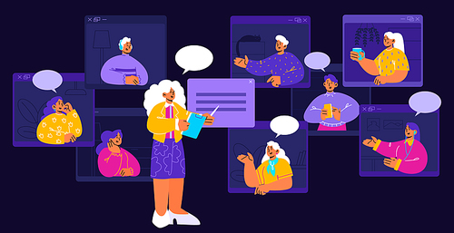 Online education, webinar, teacher and students lesson via video conference internet connection. Female tutor conduct class on device screen, distant school training, Line art flat vector illustration