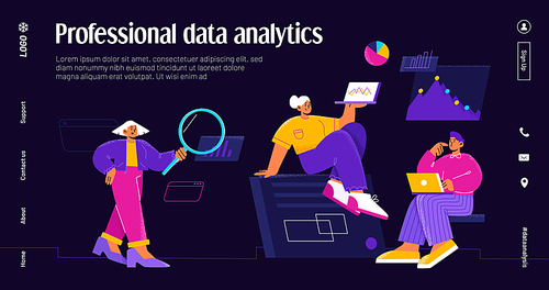 Professional data analytics banner with people team work with graph and analysis reports. Vector night mode of landing page with flat illustration of man and woman with laptop and magnifier