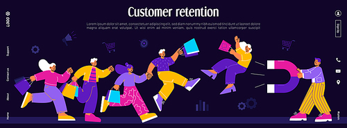 Customer retention, loyalty client attract banner. Vector landing page of business marketing strategy with flat illustration of man with magnet and people with shopping bags