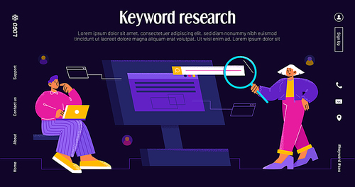 Keyword research banner with people team work with traffic and query analysis. Vector landing page of SEO with flat illustration of man with laptop and girl with magnifier