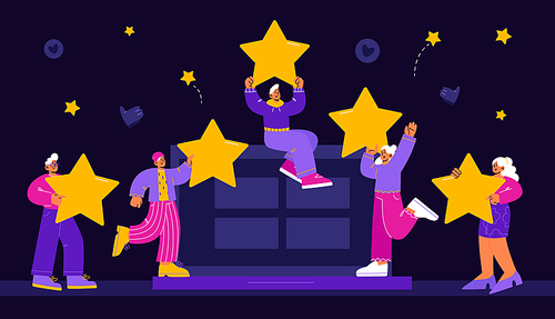 Customer feedback, online review concept. Vector flat illustration of service rating with people holding five gold stars, like symbols and laptop on black background
