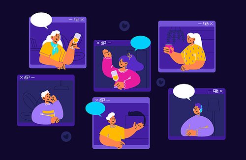 Online meeting friends, video conference with happy people on screens. Vector flat illustration of video call, virtual meeting with men and women with drinks and speech bubbles