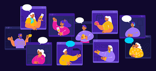 Online meeting friends, video conference with happy people on screens. Vector flat illustration of video call, virtual meeting with men and women with drinks and speech bubbles