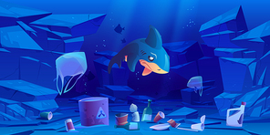 Sad shark, floating plastic bags and garbage underwater in sea or ocean. Ocean pollution by trash, global littering. Vector cartoon landscape of seabed with bottles, cups and barrel with toxic waste