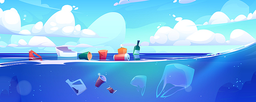 Plastic garbage floating on ocean water surface. Sea with different kinds of trash. Package wastes, bags, bottles in aqua. Ecology protection, underwater pollution concept, Cartoon vector illustration