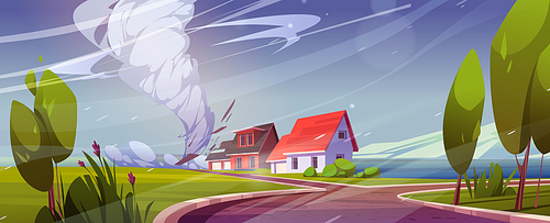 Houses destruction with tornado catastrophe. Natural disaster with hurricane, power twisted storm, whirlwind, buildings damage. Cyclone zone, landscape with broken homes, Cartoon vector illustration