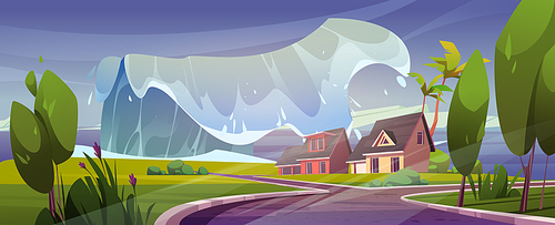 Tsunami wave on sea beach with houses. Natural disaster, catastrophe, storm. Vector cartoon illustration of tropical landscape with ocean coast, buildings and palm trees flood by big water wave