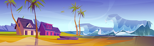 Tsunami wave at tropical beach with cottages and palm trees, natural disaster, flood during storm, climate change concept. Huge ocean water wave splashing and raging, Cartoon vector illustration