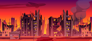 War on Ukraine concept, destroyed Ukrainian city in fire, abandoned burning broken buildings, urban infrastructure with smoke and flame. Bomb destruction, military campaign cartoon vector illustration