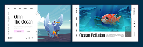 Ocean pollution cartoon landing pages. Animals suffer of plastic garbage and oil in sea water. Gull and fish stuck in trash and wastes. Ecology, save nature and environment concept, Vector web banners